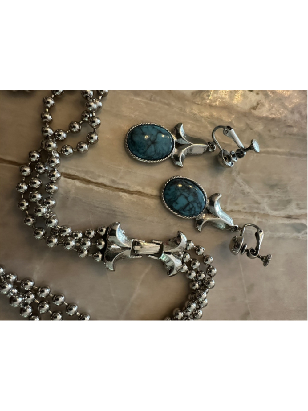 Vtg Goldette Signed Squash Blossom Necklace& Earring Set Turquoise blue silver - Picture 7 of 8